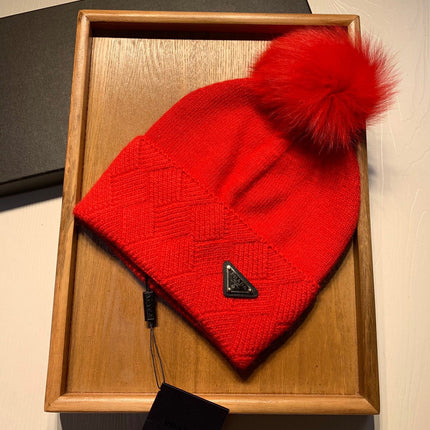 BEANIE HAT IN CHERRY RED WOOL AND RABBIT FUR 361436