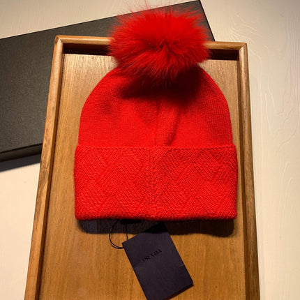 BEANIE HAT IN CHERRY RED WOOL AND RABBIT FUR 361436