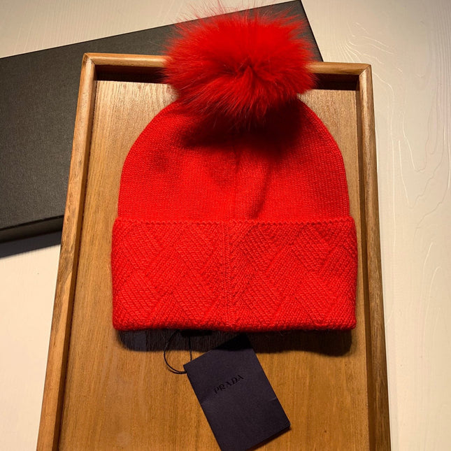 BEANIE HAT IN CHERRY RED WOOL AND RABBIT FUR 361436