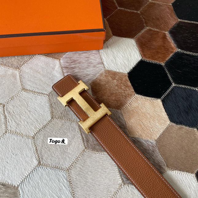 HM CONSTANCE BELT BUCKLE & REVERSIBLE BRONZE BROWN LEATHER STRAP 38MM GOLD HARDWARE