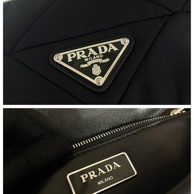 SMALL FLAP BAG 21 IN BLACK TRIANGULAR QUILTED PATTERN RE-NYLON