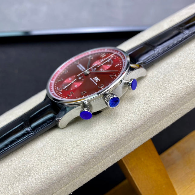 PORTUGIESER AUTOMATIC 40 MM WATCH SILVER CASE WITH BLACK LEATHER STRAP AND CHERRY RED DIAL