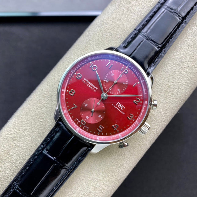 PORTUGIESER AUTOMATIC 40 MM WATCH SILVER CASE WITH BLACK LEATHER STRAP AND CHERRY RED DIAL