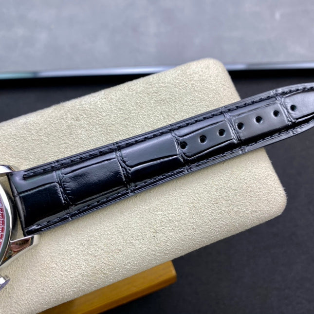 PORTUGIESER AUTOMATIC 40 MM WATCH SILVER CASE WITH BLACK LEATHER STRAP AND CHERRY RED DIAL