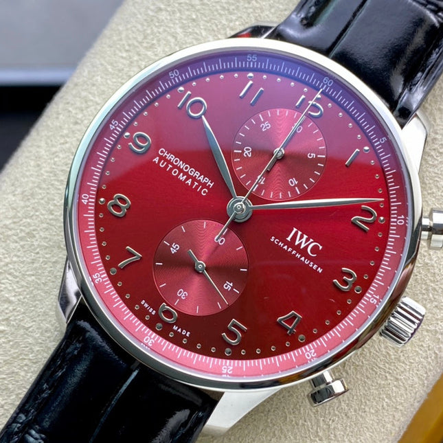 PORTUGIESER AUTOMATIC 40 MM WATCH SILVER CASE WITH BLACK LEATHER STRAP AND CHERRY RED DIAL