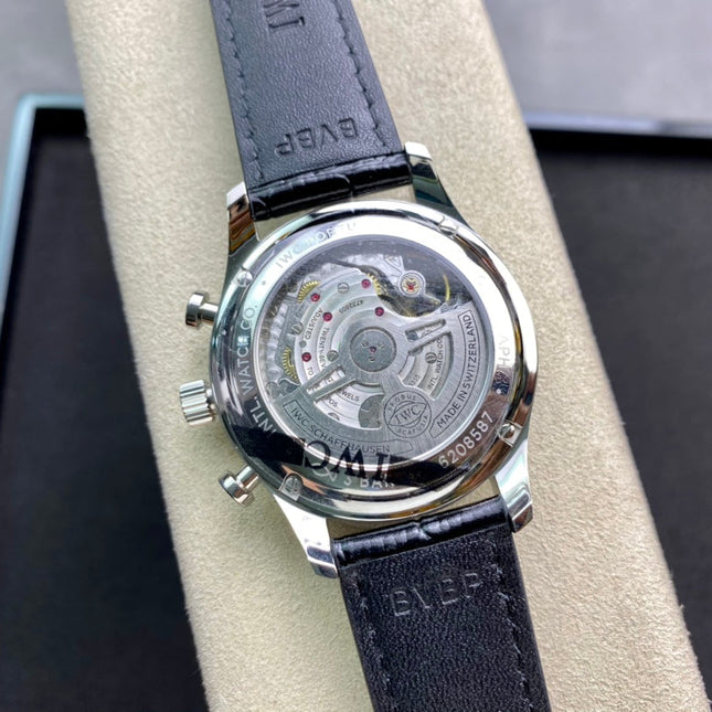 PORTUGIESER AUTOMATIC 40 MM WATCH SILVER CASE WITH BLACK LEATHER STRAP AND CHERRY RED DIAL