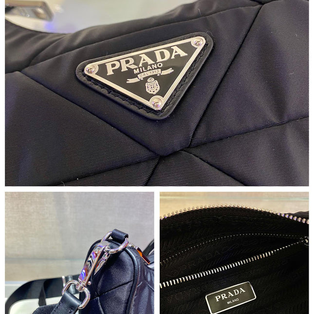 HOBO BAG 24 IN BLACK TRIANGULAR QUILTED PATTERN RE-NYLON