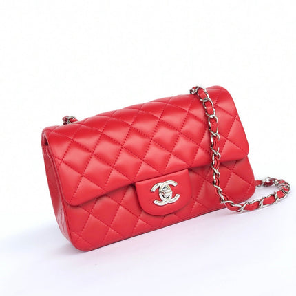 MINI RECTANGLE FLAP BAG 20CM RED LAMBSKIN SILVER HARDWARE