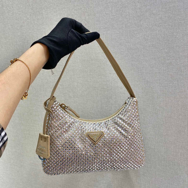 SPARKLING HOBO BAG 23 IN BEIGE NYLON ATTACHED FULLY CRYSTALS