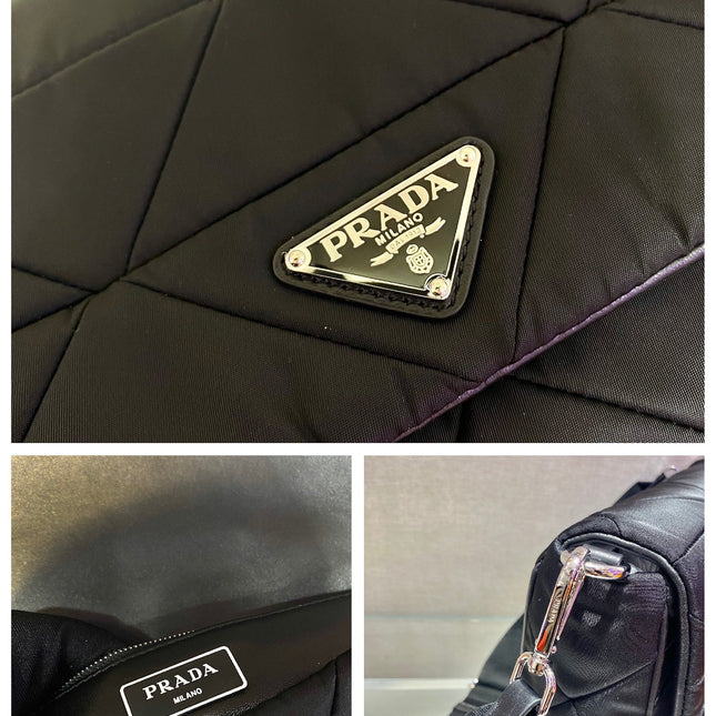 LARGE FLAP BAG 28 IN BLACK TRIANGULAR QUILTED PATTERN RE-NYLON