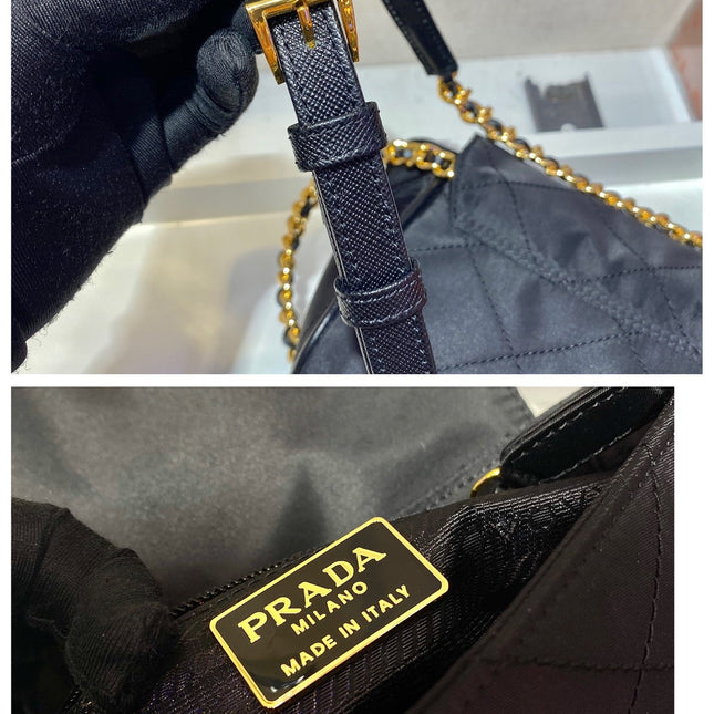 SMALL QUILTED FLAP BAG 18 IN BLACK RE-NYLON FABRIC GOLD CHAIN