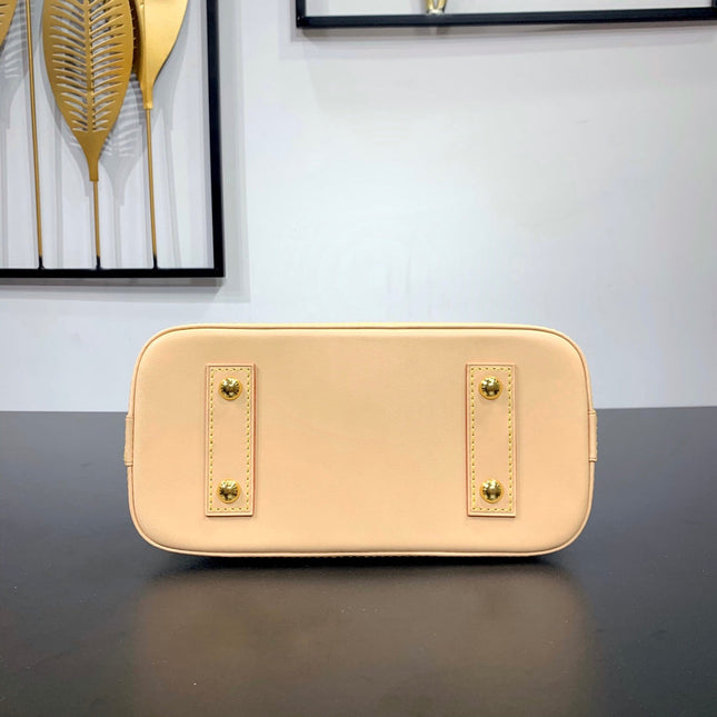 ALMA BB 23 IN BROWN MONOGRAM CANVAS AND BEIGE CALFSKIN TRIM GOLD BUCKLE