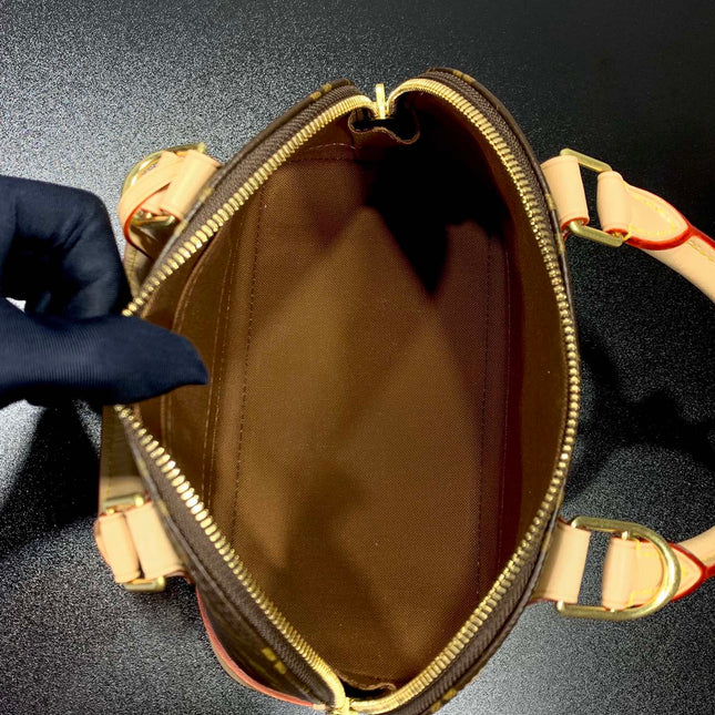 ALMA BB 23 IN BROWN MONOGRAM CANVAS AND BEIGE CALFSKIN TRIM GOLD BUCKLE