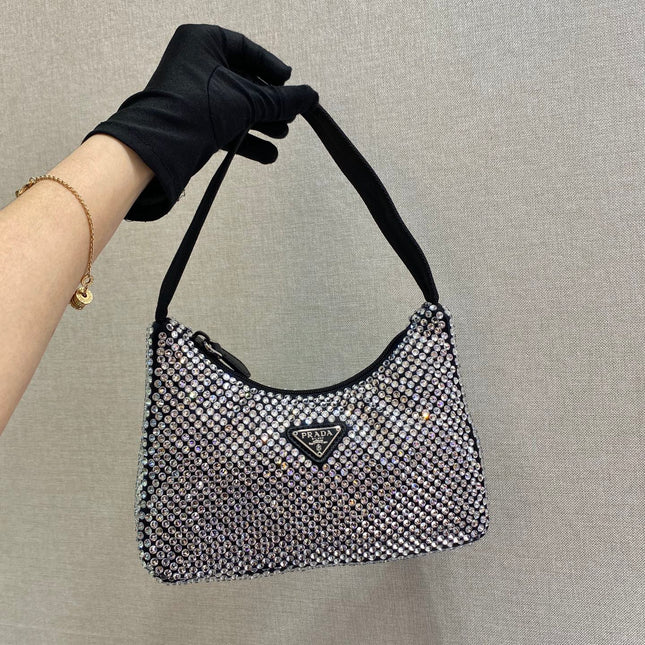 SPARKLING HOBO BAG 23 IN BLACK NYLON ATTACHED FULLY CRYSTALS