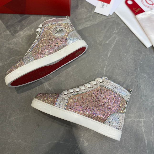 SUPER LOUIS STRASS STUDDED HIGH-TOP SNEAKERS IN SILVER AND PINK CALFSKIN