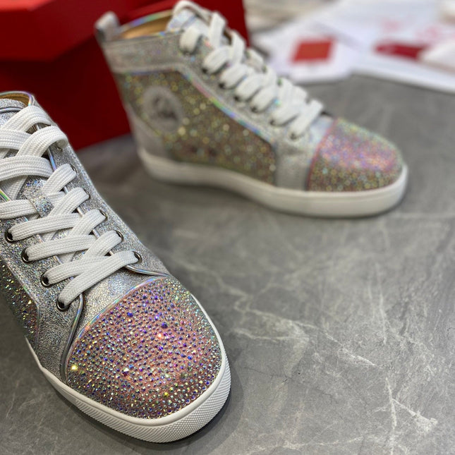 SUPER LOUIS STRASS STUDDED HIGH-TOP SNEAKERS IN SILVER AND PINK CALFSKIN