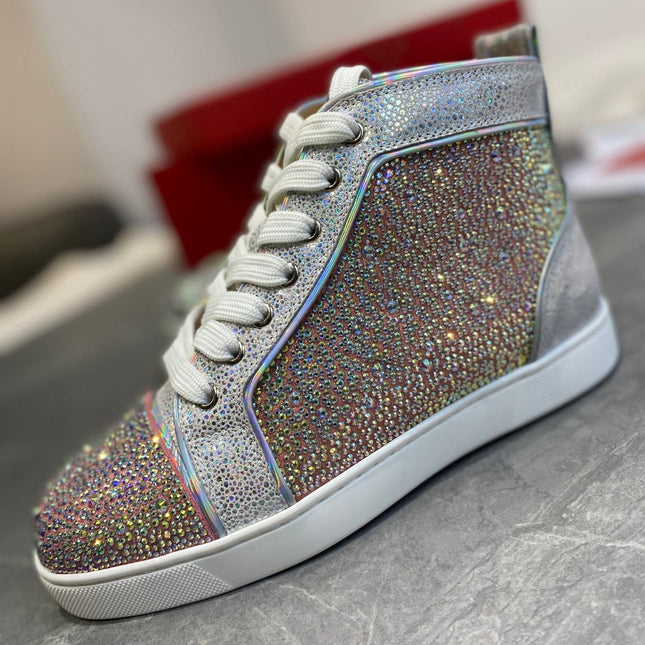 SUPER LOUIS STRASS STUDDED HIGH-TOP SNEAKERS IN SILVER AND PINK CALFSKIN