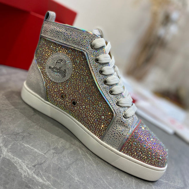 SUPER LOUIS STRASS STUDDED HIGH-TOP SNEAKERS IN SILVER AND PINK CALFSKIN