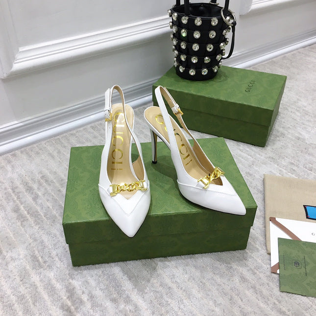 GG HIGH HEEL SLINGBACK WHITE CALFSKIN WITH CHAIN