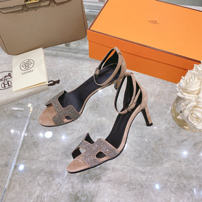 PREMIERE 70 SANDAL IN LIGHT BROWN SUEDE WITH CRYSTALS