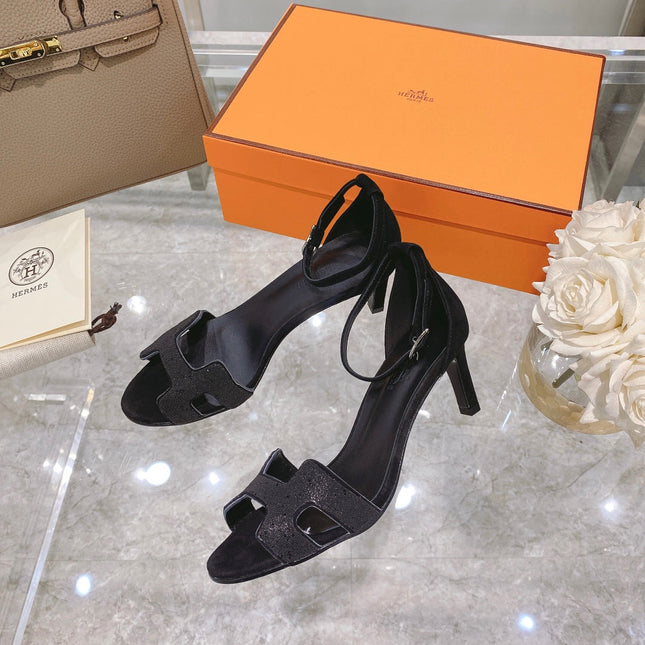 PREMIERE 70 SANDAL IN BLACK SUEDE WITH CRYSTAL