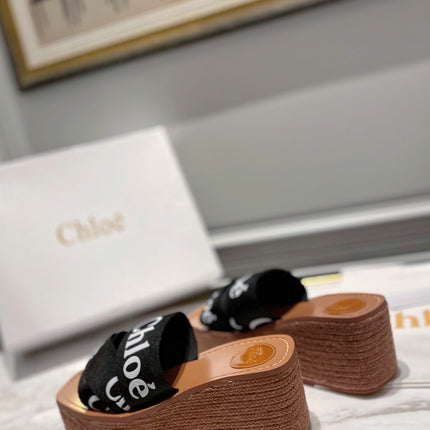 WOODY WEDGE IN BLACK DENIM WITH WHITE LOGO