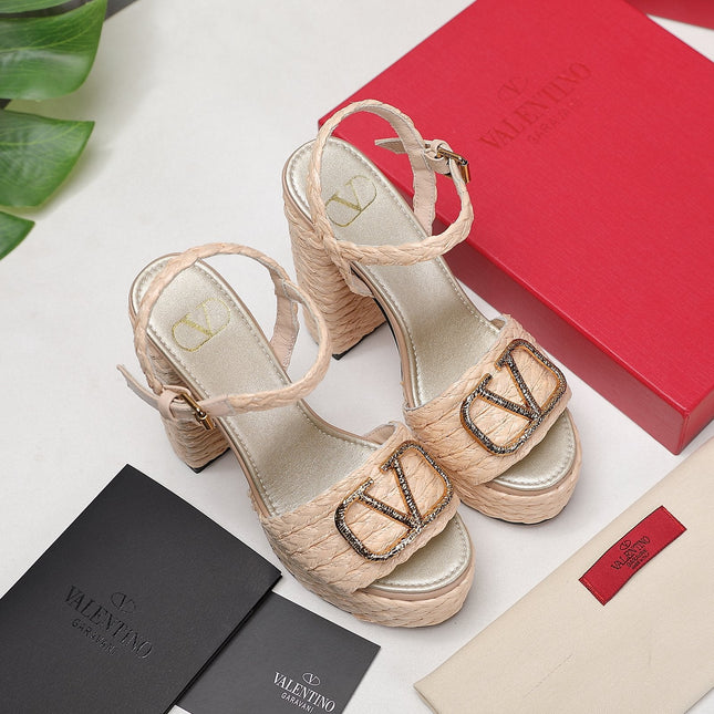 VLTN ESPADRILLE WEDGE SANDALS 25S 130 MM IN BEIGE RAFFIA WITH GOLD HARDWARE