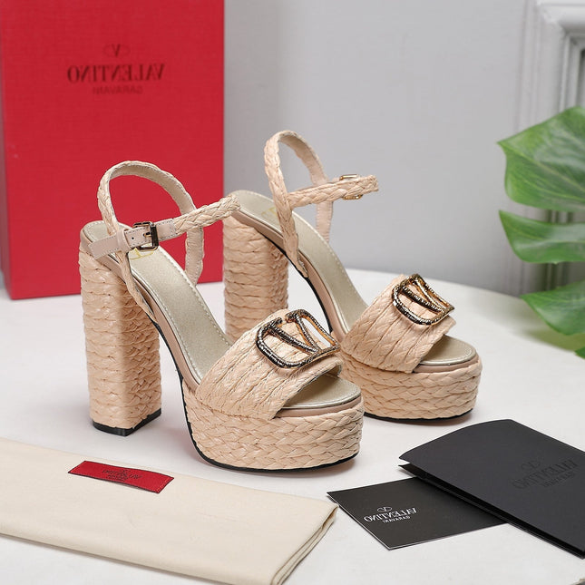 VLTN ESPADRILLE WEDGE SANDALS 25S 130 MM IN BEIGE RAFFIA WITH GOLD HARDWARE