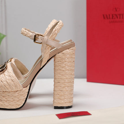 VLTN ESPADRILLE WEDGE SANDALS 25S 130 MM IN BEIGE RAFFIA WITH GOLD HARDWARE