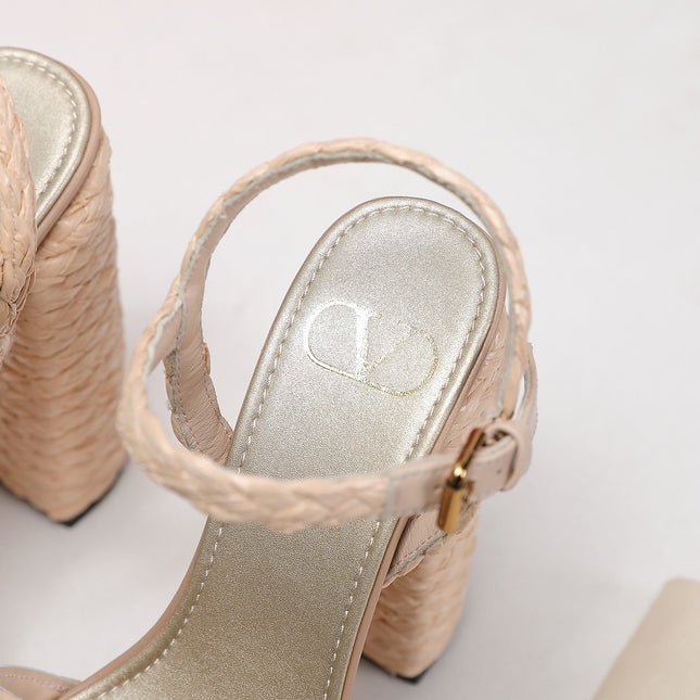 VLTN ESPADRILLE WEDGE SANDALS 25S 130 MM IN BEIGE RAFFIA WITH GOLD HARDWARE