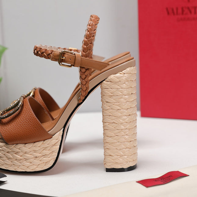 VLTN ESPADRILLE WEDGE SANDALS 25S 130 MM IN BROWN LAMBSKIN WITH GOLD HARDWARE