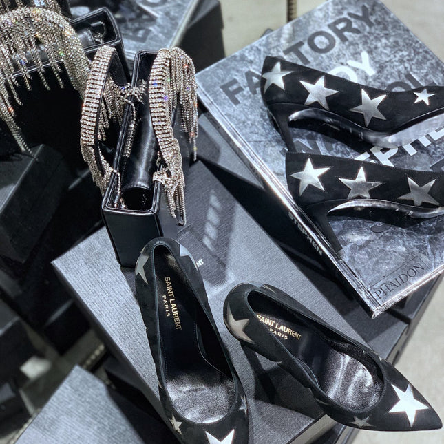 SL CHARLOTTE SILVER STAR PUMPS BLACK SUEDE