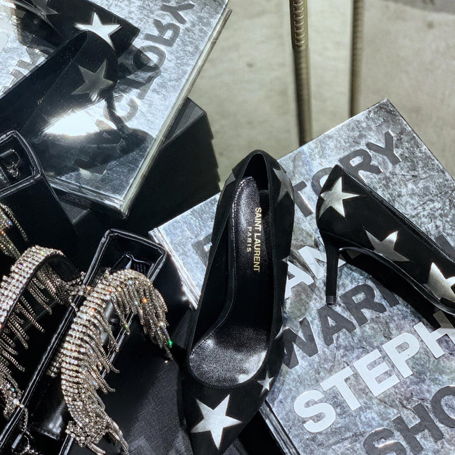 SL CHARLOTTE SILVER STAR PUMPS BLACK SUEDE