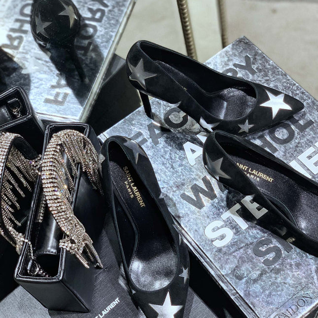 SL CHARLOTTE SILVER STAR PUMPS BLACK SUEDE
