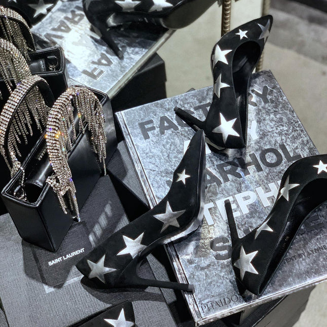 SL CHARLOTTE SILVER STAR PUMPS BLACK SUEDE