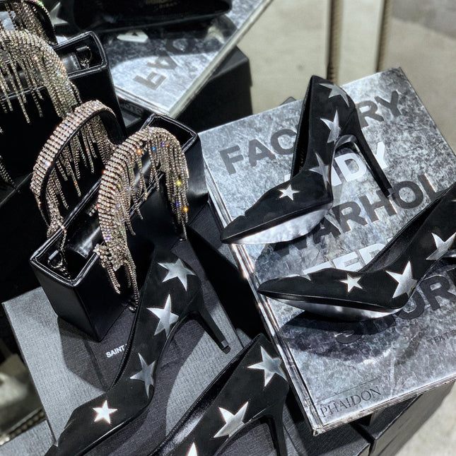 SL CHARLOTTE SILVER STAR PUMPS BLACK SUEDE