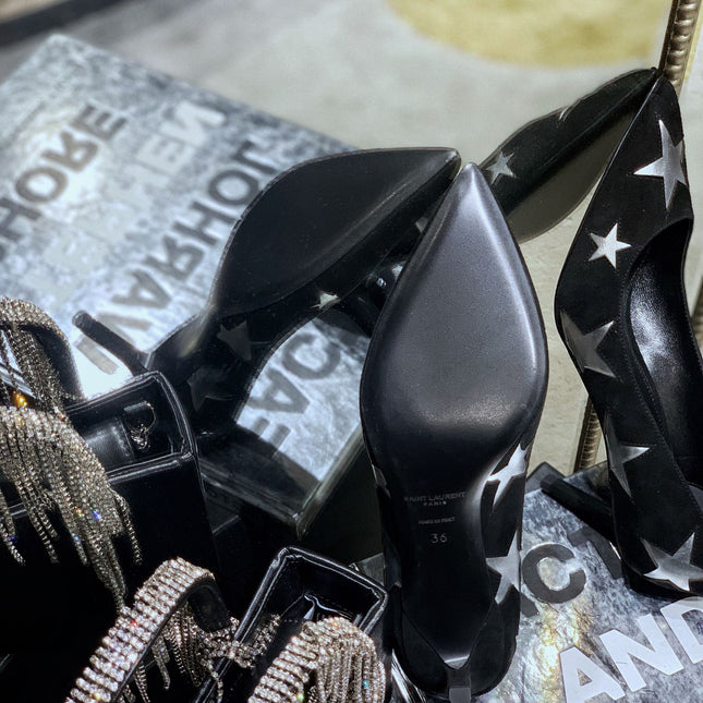 SL CHARLOTTE SILVER STAR PUMPS BLACK SUEDE