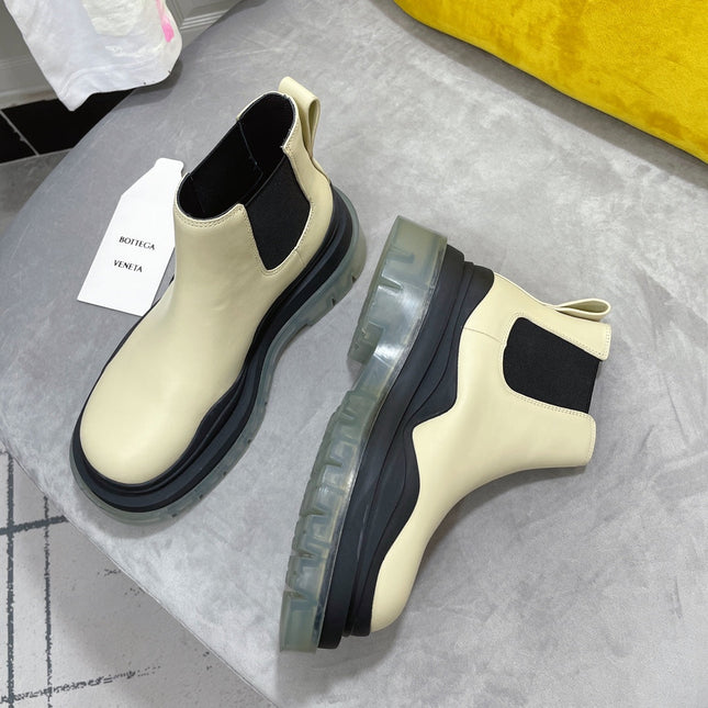 TIRE CHELSEA BOOT IN BLACK MIX BISQUE BEIGE CALFSKIN WITH TRANSPARENT SOLE