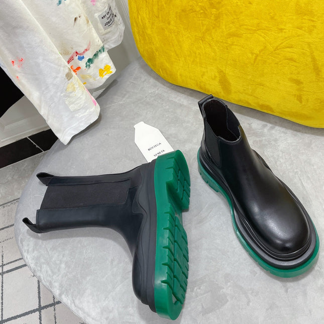 TIRE CHELSEA BOOT IN BLACK MIX TEAL GREEN CALFSKIN