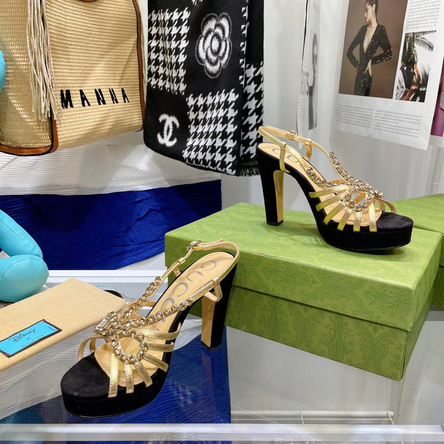 GG CRYSTAL HIGH HEEL SANDAL BLACK LAMBSKIN