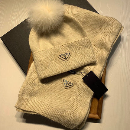 SET SCARF AND HAT IN BISQUE BEIGE WOOL AND RABBIT FUR 416365