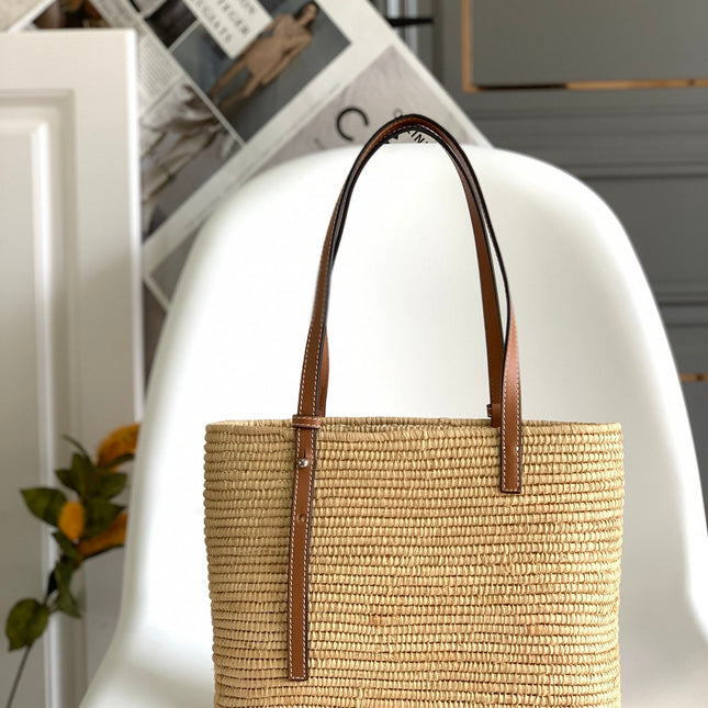 LOEWE 25S BASKET BAG 30 IN NATURAL MIX BROWN RAFFIA CALFSKIN SHOULDER STRAP