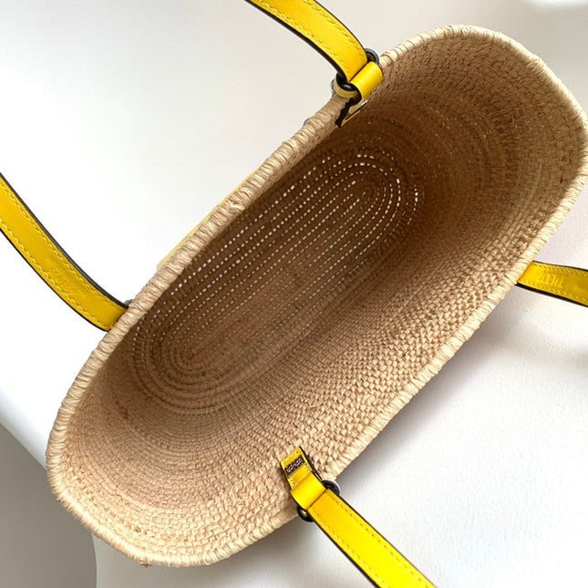 LOEWE 25S BASKET BAG 30 IN NATURAL MIX YELLOW RAFFIA CALFSKIN SHOULDER STRAP