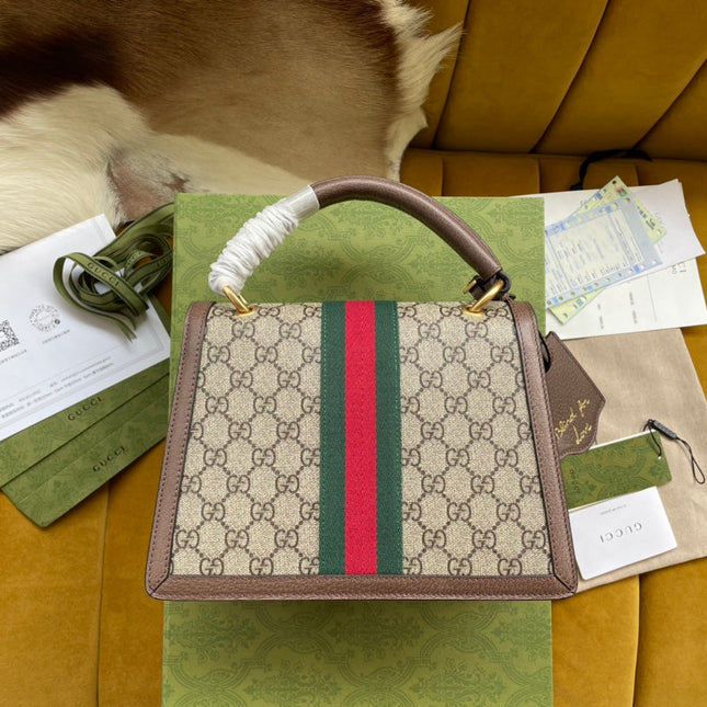 GG MINI 25 HANDBAG IN BEIGE CANVAS AND BROWN CALFSKIN