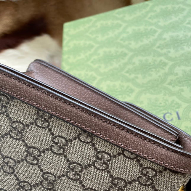 GG MINI 25 HANDBAG IN BEIGE CANVAS AND BROWN CALFSKIN