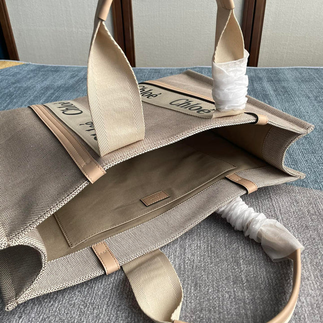 LAGRE WOODY TOTE BAG 45 IN BEIGE LINEN CANVAS BLACK WEBBING LOGO EMBROIDER NUDE CALFSKIN
