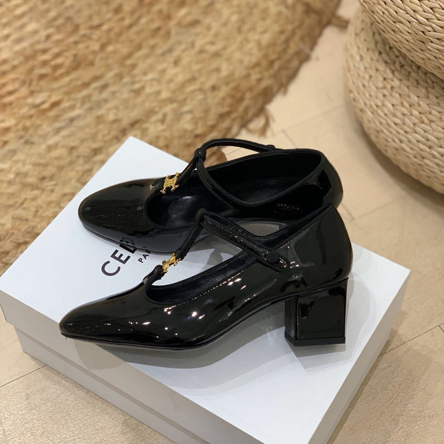 TRIOMPHE T-BAR HIGH PUMPS IN BLACK PATENT CALFSKIN
