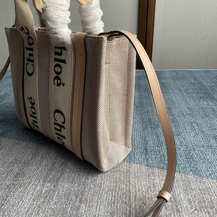 SMALL STRAP WOODY TOTE BAG 26.5 IN BEIGE LINEN CANVAS BLACK WEBBING LOGO EMBROIDER NUDE CALFSKIN