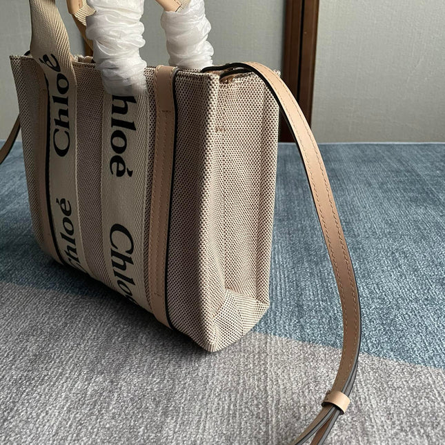 SMALL STRAP WOODY TOTE BAG 26.5 IN BEIGE LINEN CANVAS BLACK WEBBING LOGO EMBROIDER NUDE CALFSKIN