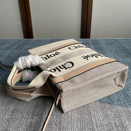 SMALL STRAP WOODY TOTE BAG 26.5 IN BEIGE LINEN CANVAS BLACK WEBBING LOGO EMBROIDER NUDE CALFSKIN